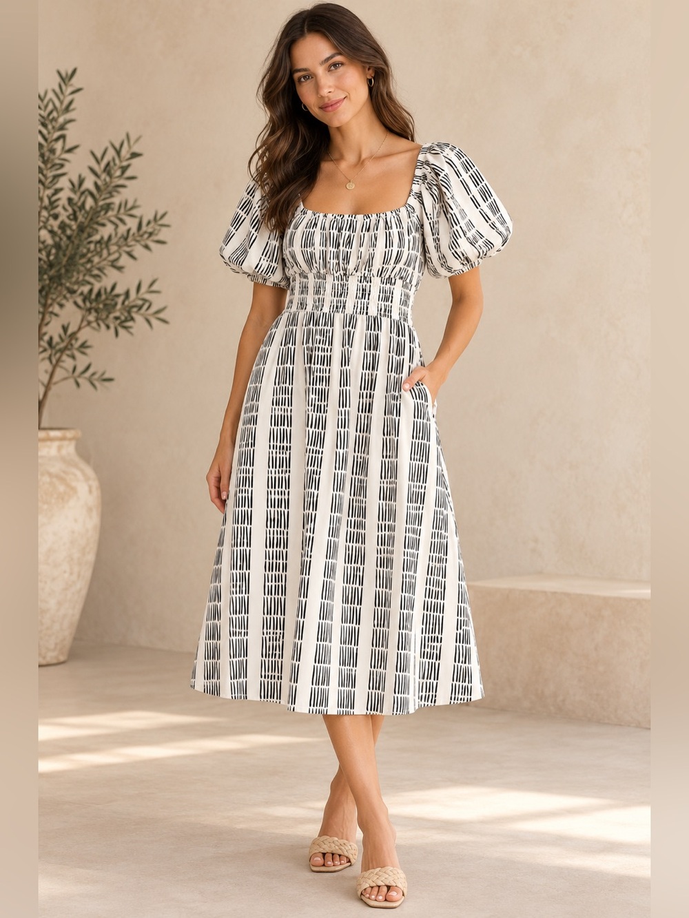 Maeve anthropology Smocked Square-Neck Midi Dress size S 100% cotton